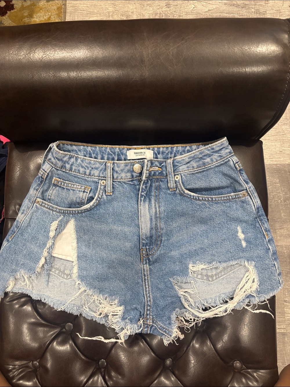 Forever 21 Light Blue Distressed High-Rise Jean Shorts